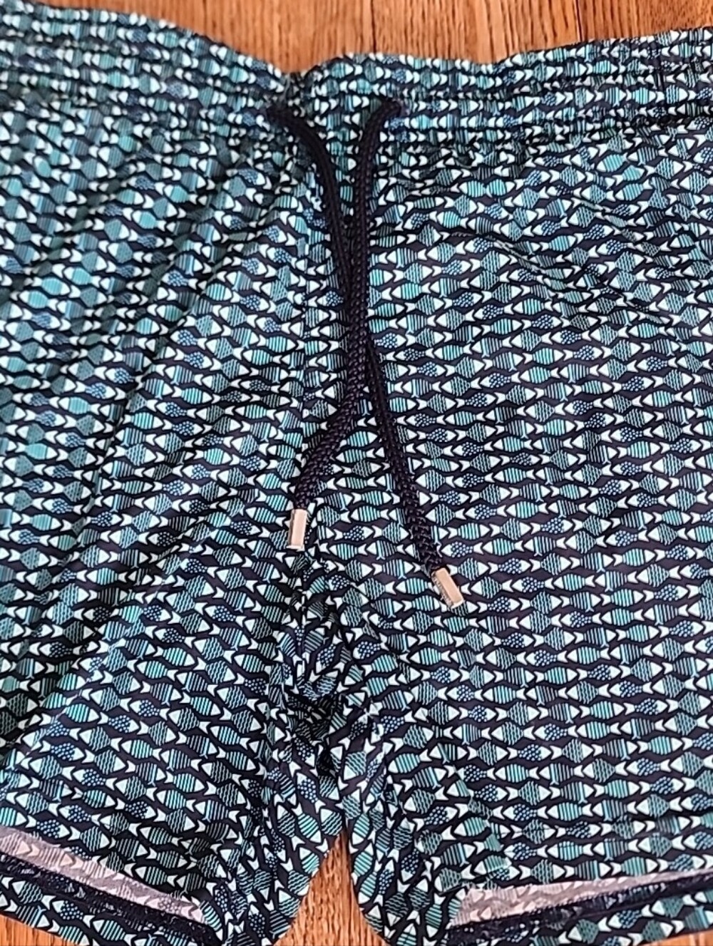Vilebrequin Men's Swim Trunks in Teal & Navy Fish Print Luxe  European Swimwear